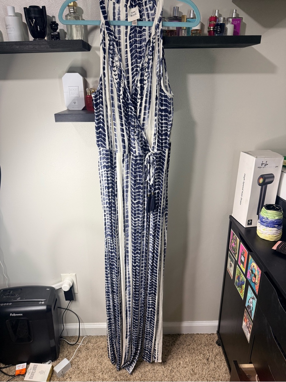 Knox Rose Navy and White Printed Sleeveless Wrap Jumpsuit with Tie
